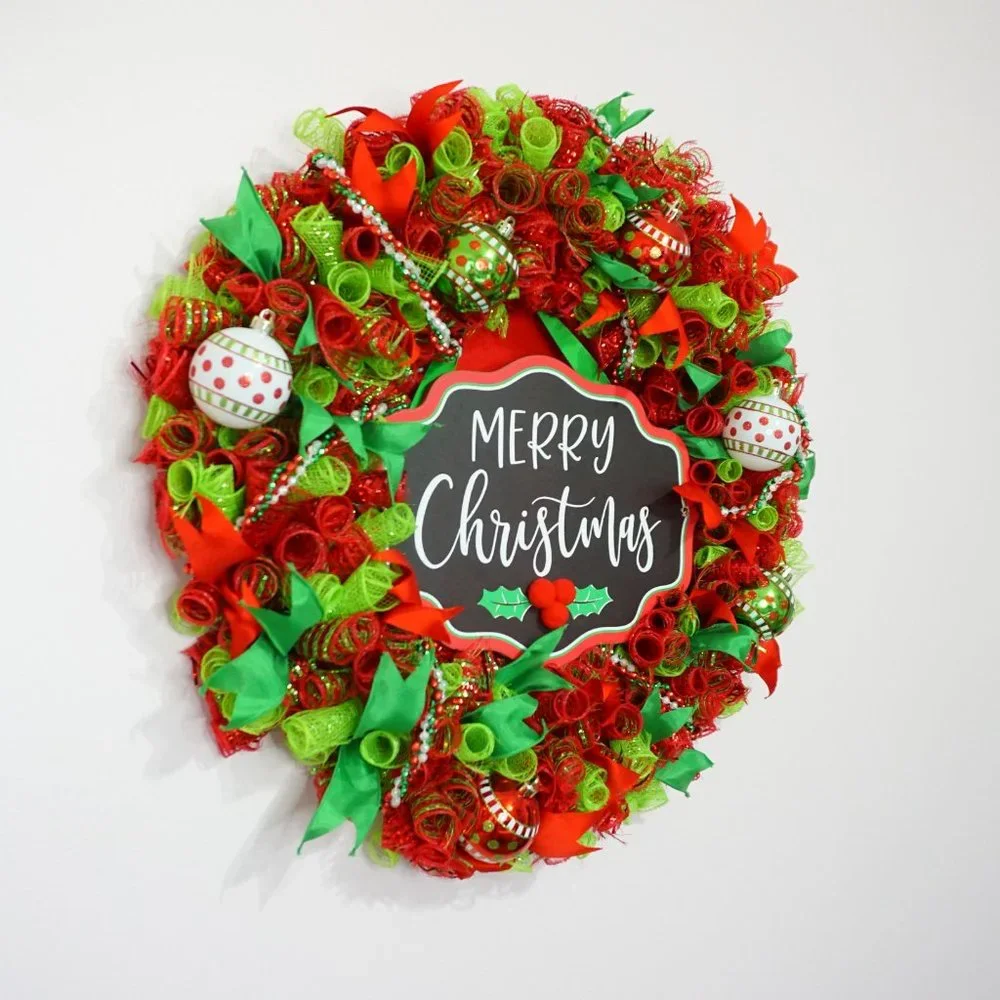 Classic Red, White and Green Merry Christmas Deco Mesh Wreath